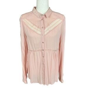 FREE PEOPLE WILD WIND LACE INSET‎ PEACH WOMEN'S BUTTON DOWN TOP SIZE SMALL